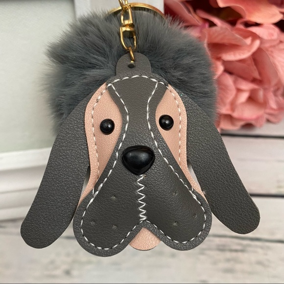 Cute Hound Dog on Gray Pom Pom Keychain - Picture 3 of 9